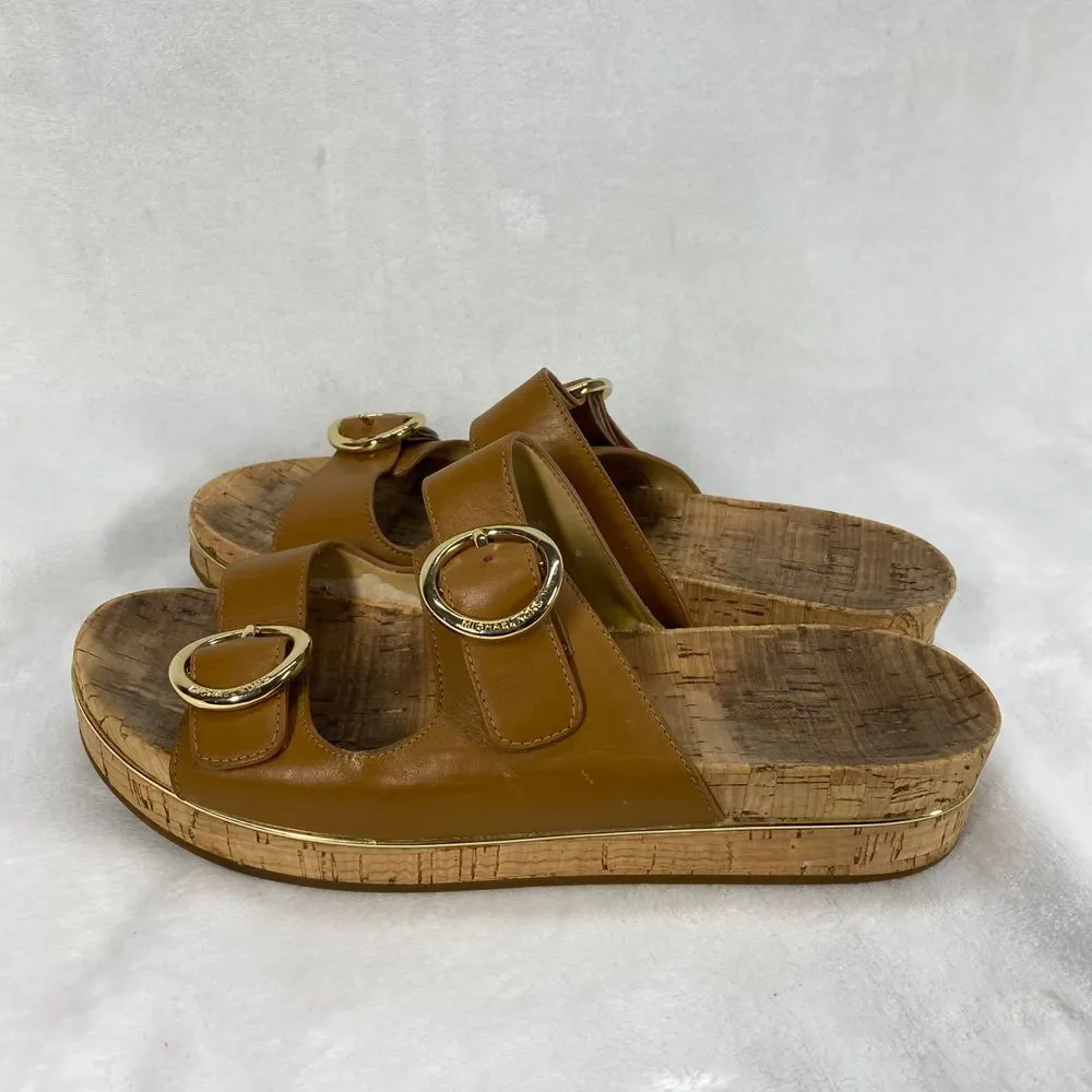 Michael Kors‎ Tan Leather Double Buckle Cork Platform Sandals Slides Sz 7-flaw